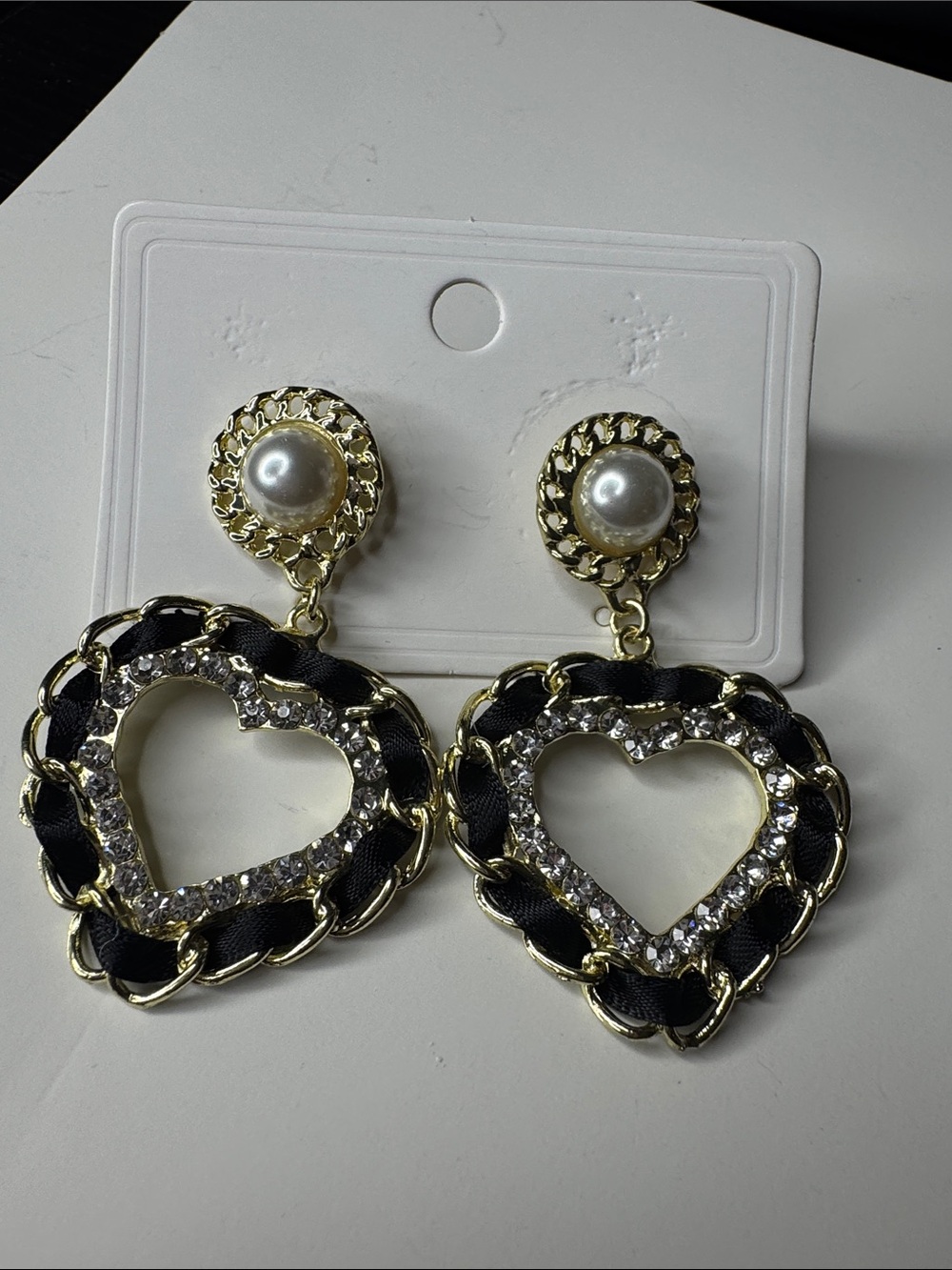 Gold and Black Heart Drop Earrings with Pearl Accent - Women Jewelry